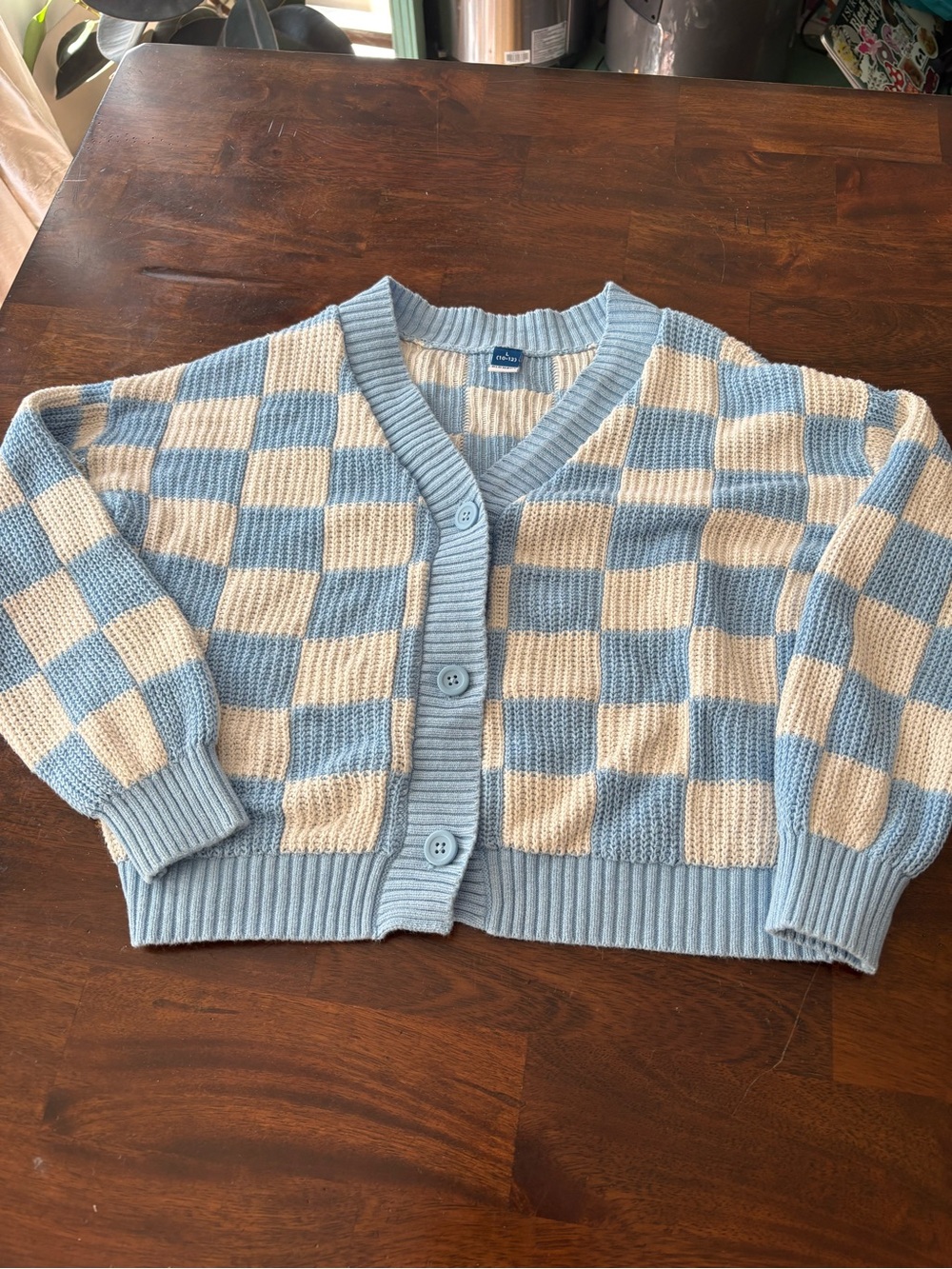 Blue and Cream Checkerboard V-Neck Button Cardigan